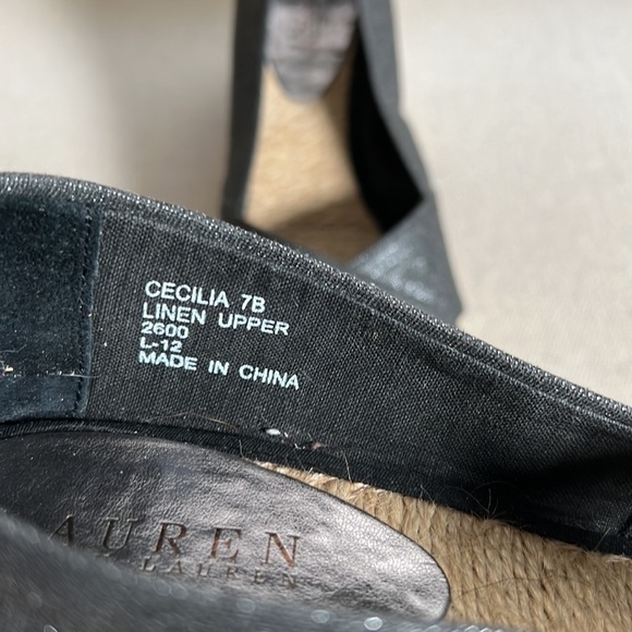 Lauren RL Cecilia open toe black with silver canvas sparkle Espadrilles wedge 7B - Picture 9 of 10